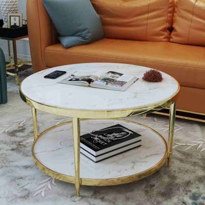 2018 Modern gold stainless steel frame marble top round coffee tables living room two layer tea table