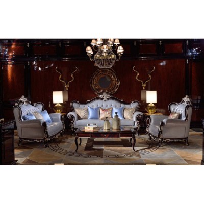 European style Lavender light blne leather Sectional Sofa ,Luxury Furniture hand carved Sofa