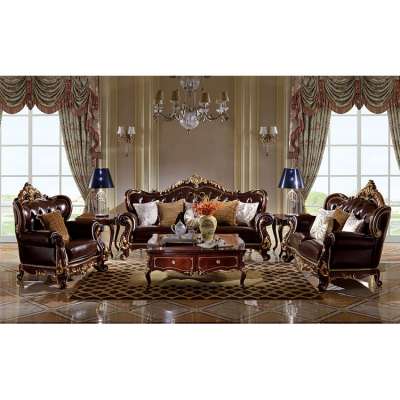 Royal luxury hand carved golden leaves and shell pattern leather classic sofa